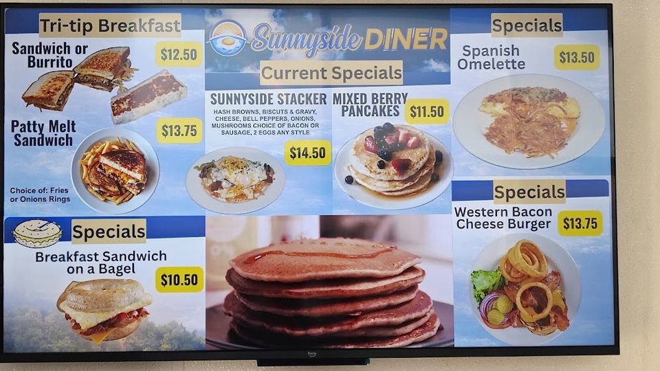 Diner menu showing burgers and sandwiches.